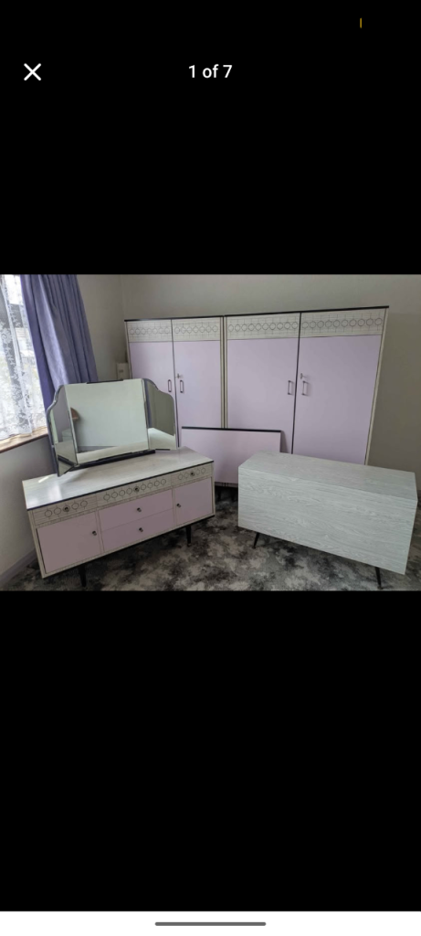 Retro Pink Bedroom Furniture Set – Wardrobes, Dressing Table & Ottoman