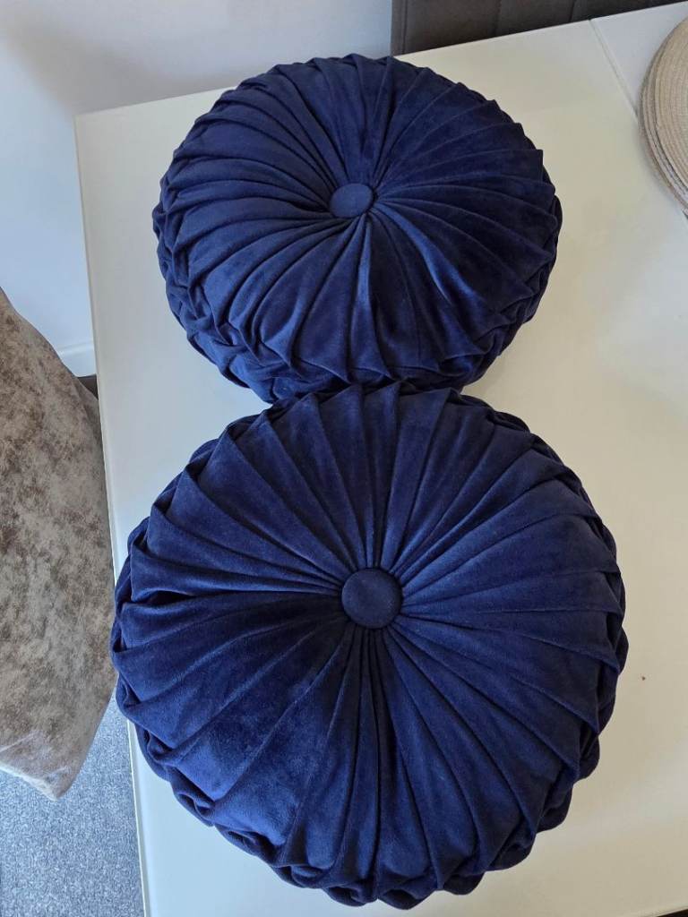 Pair of Navy Blue Velvet Round Cushions – As Good As New