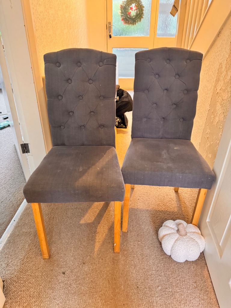 2 x charcoal button back dining chairs 