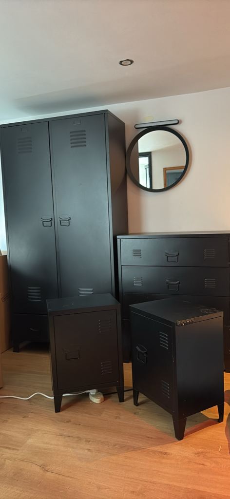 Black Metal Bedroom Furniture Set - Wardrobe, Chest of Drawers, 2 Bedside Tables