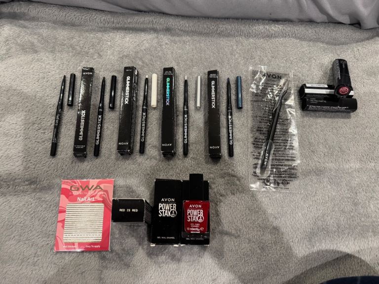 Avon Make-up bundle new Glimmerstick, lipstick, nail enamel, lip liner, angled precision brush.