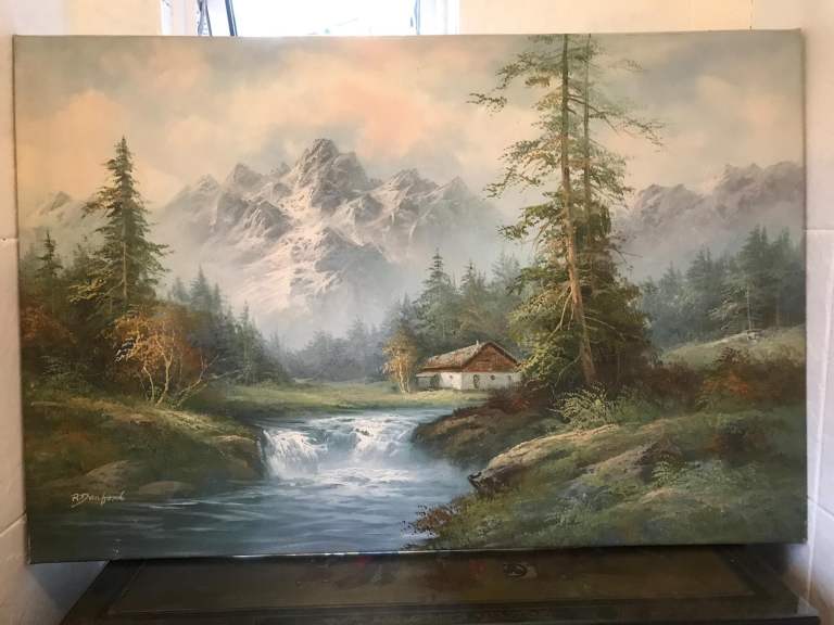 Original Oil Painting on Canvas – Mountain Landscape with Cabin & Stream