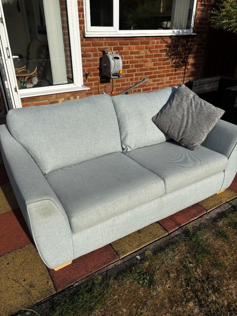 Light Blue Fabric Sofa and Two Armchairs – Good Condition