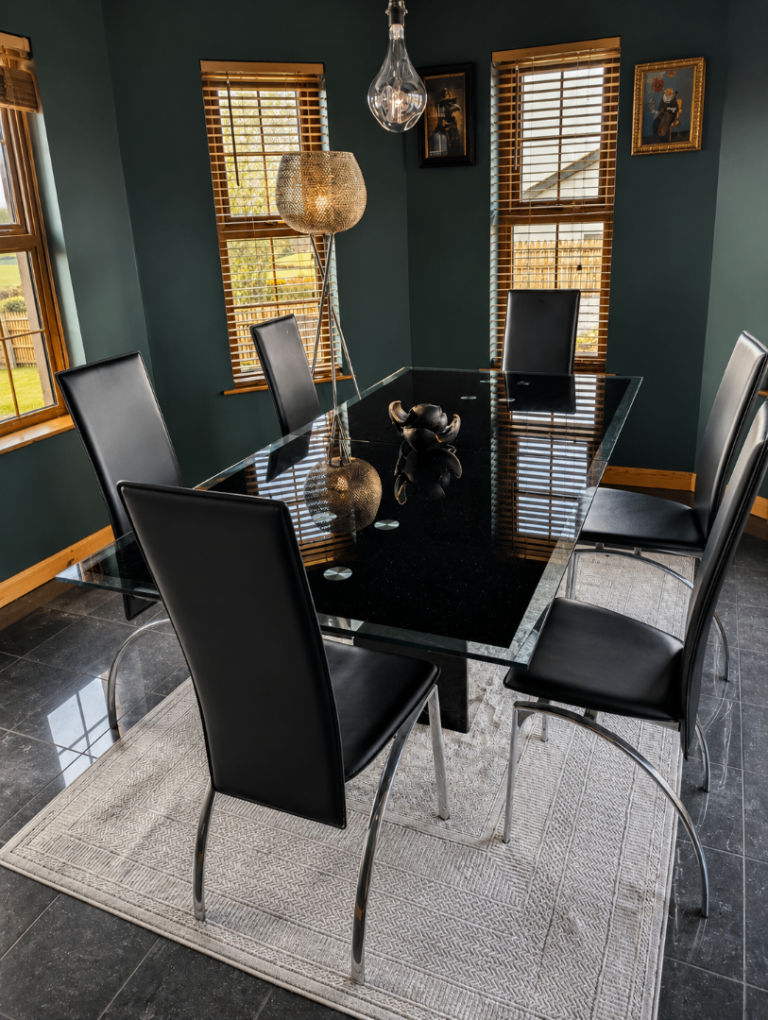 Luxury Black Marble & Glass Dining Table + 6 Danish Style Chairs