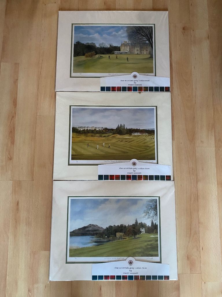 3 Matt Russell Mounted Signed & numbered prints, size 56 x 43cm Gleneagles Loch Lomond & Belleisle 