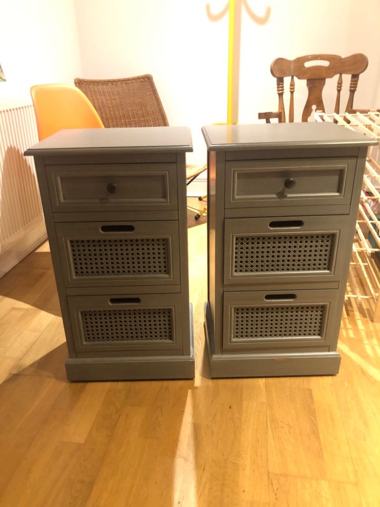Pair of Grey Bedside Tables with Wicker Drawers
