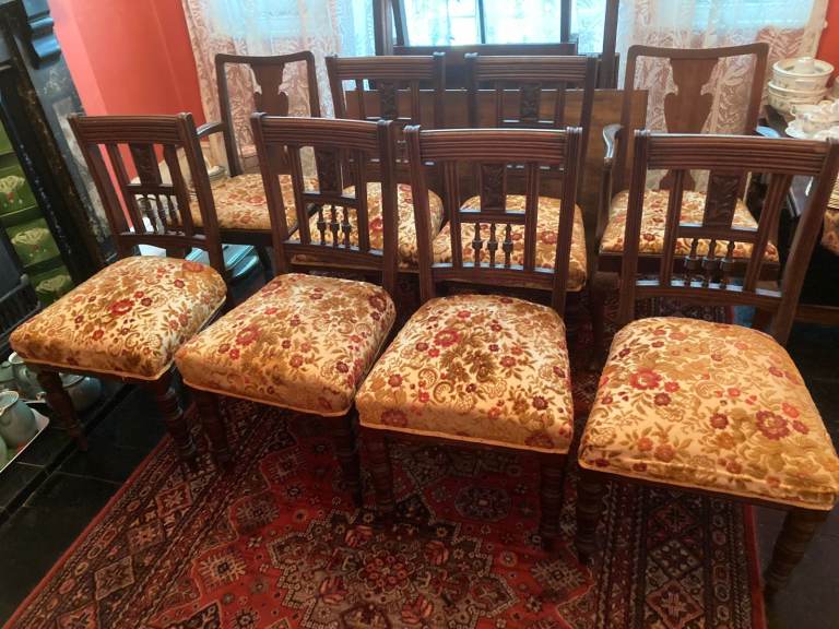 8 Re covered Antique Dining Chairs - Reasonable offers accepted.