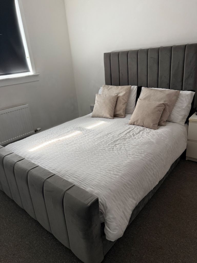 Grey Velvet Double Bed Frame – Good Condition