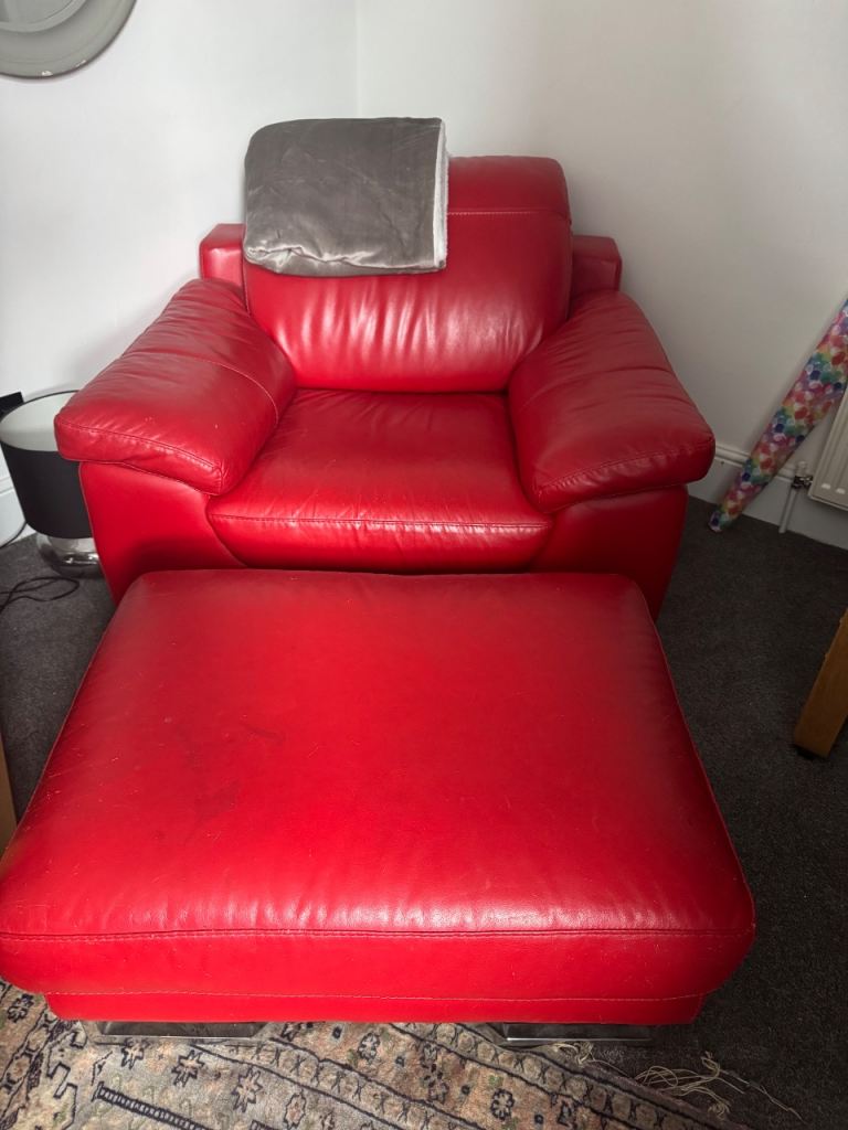 Lovely Red Leather Armchair with footstool