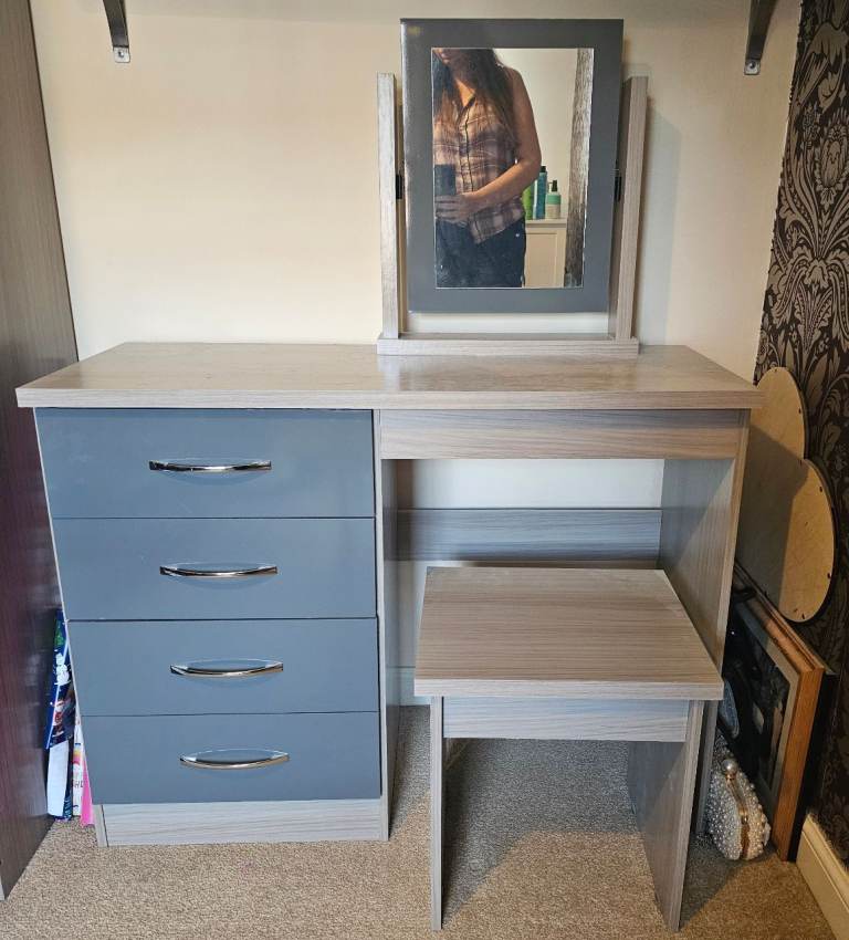 Grey and Wood Effect Dressing Table with Drawers and Mirror