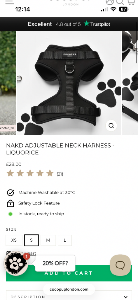 Cocopup black dog harness adjustable, size small