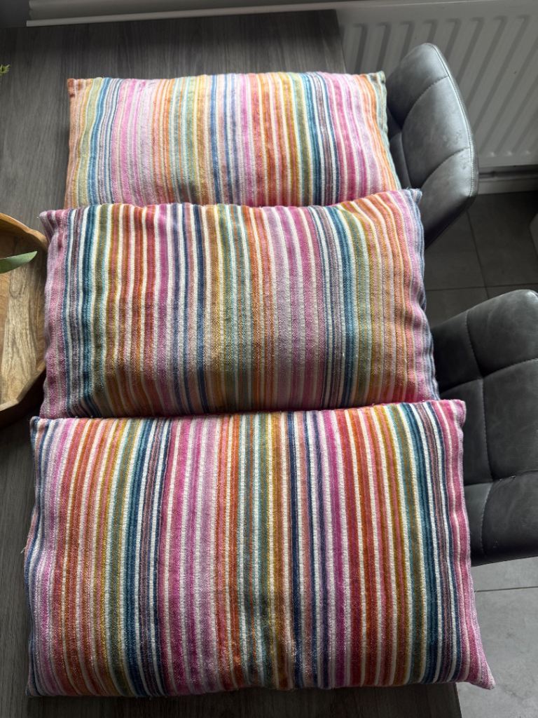 Set of 3 Bright Multicoloured Stripe Velvet Cushions