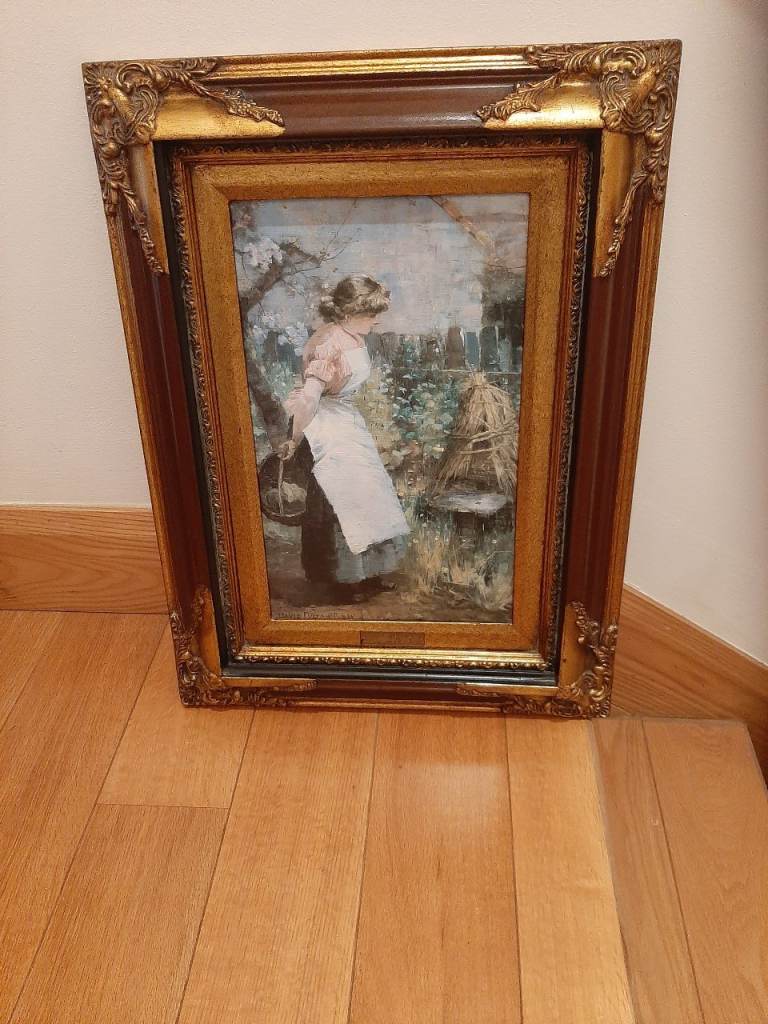 Framed Painting of Young Woman in Garden – Good Condition