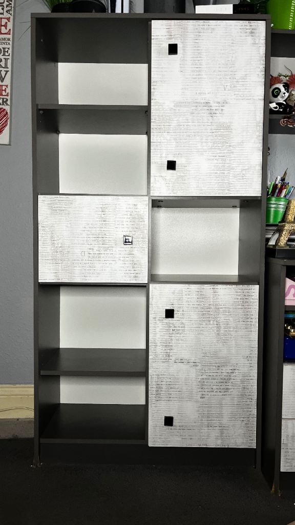 Grey/white bookshelf, storage shelving unit with cupboards. Very good condition, maximum storage