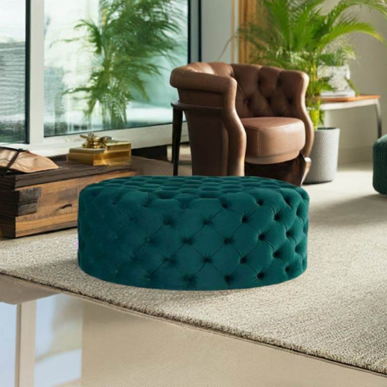 Footstool Chesterfield Green Velvet Luxury, [Rounded]