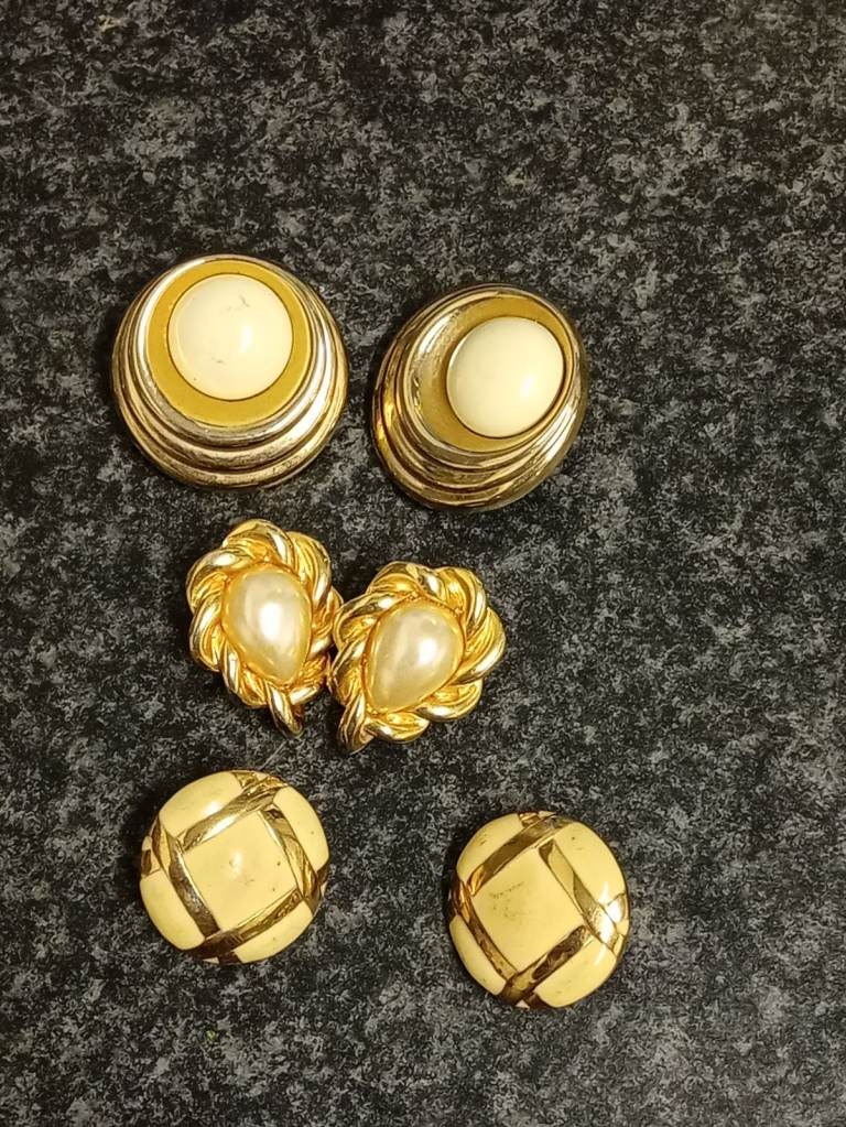 Three lovely real vintage earrings.  Enamel. Pearl gold on silver 