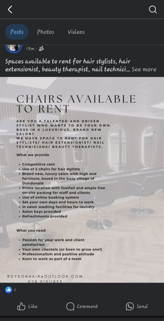 Hairdressing chairs to rent/ nail bar to rent/ beauty room to rent