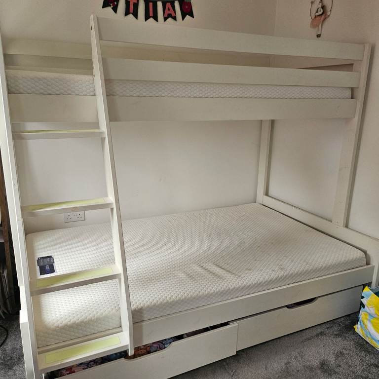 White Wooden Bunk Bed with Storage Drawers – Good Condition