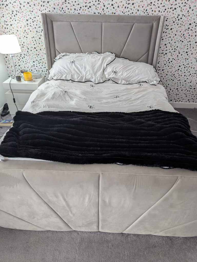 Silver Grey Velvet Double Bed. With Gas storage. 