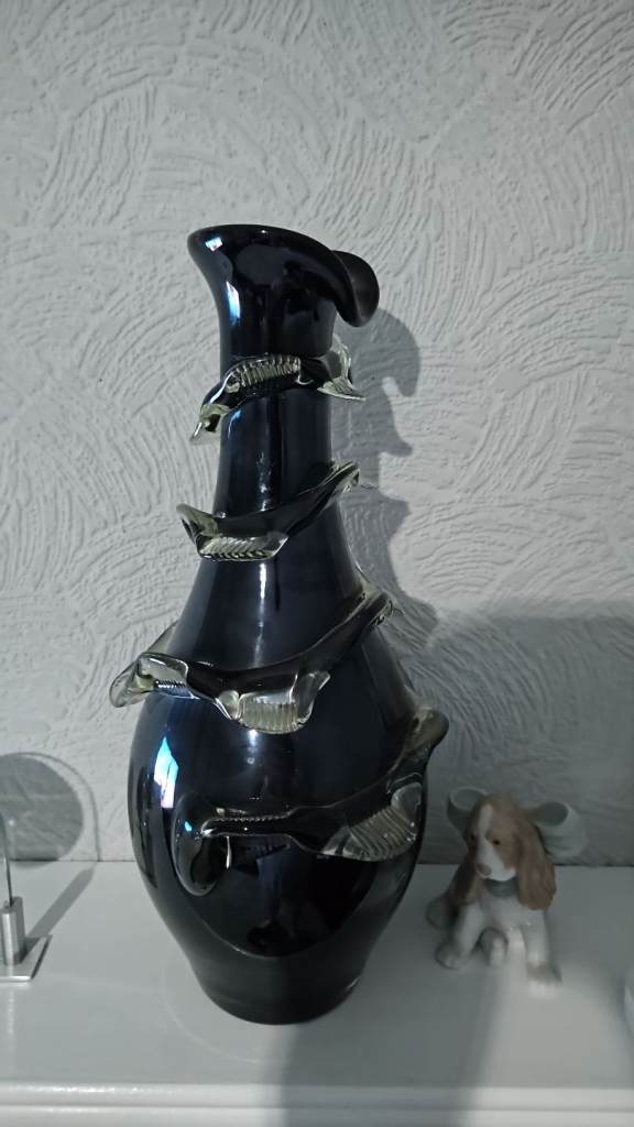Vintage Hand-Blown Black Art Glass Vase with Clear Applied Glass Trails – Murano Style