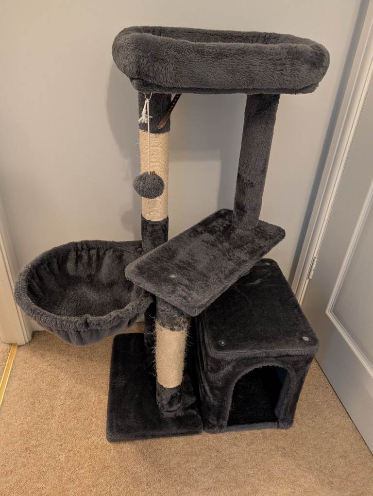  Grey Cat Tree with Multiple Levels and Scratching Posts