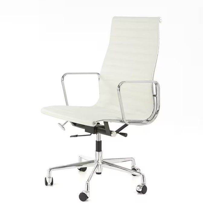 Interior Addict Eames Style Executive High-Back Office Chair White Leather Polished Aluminium