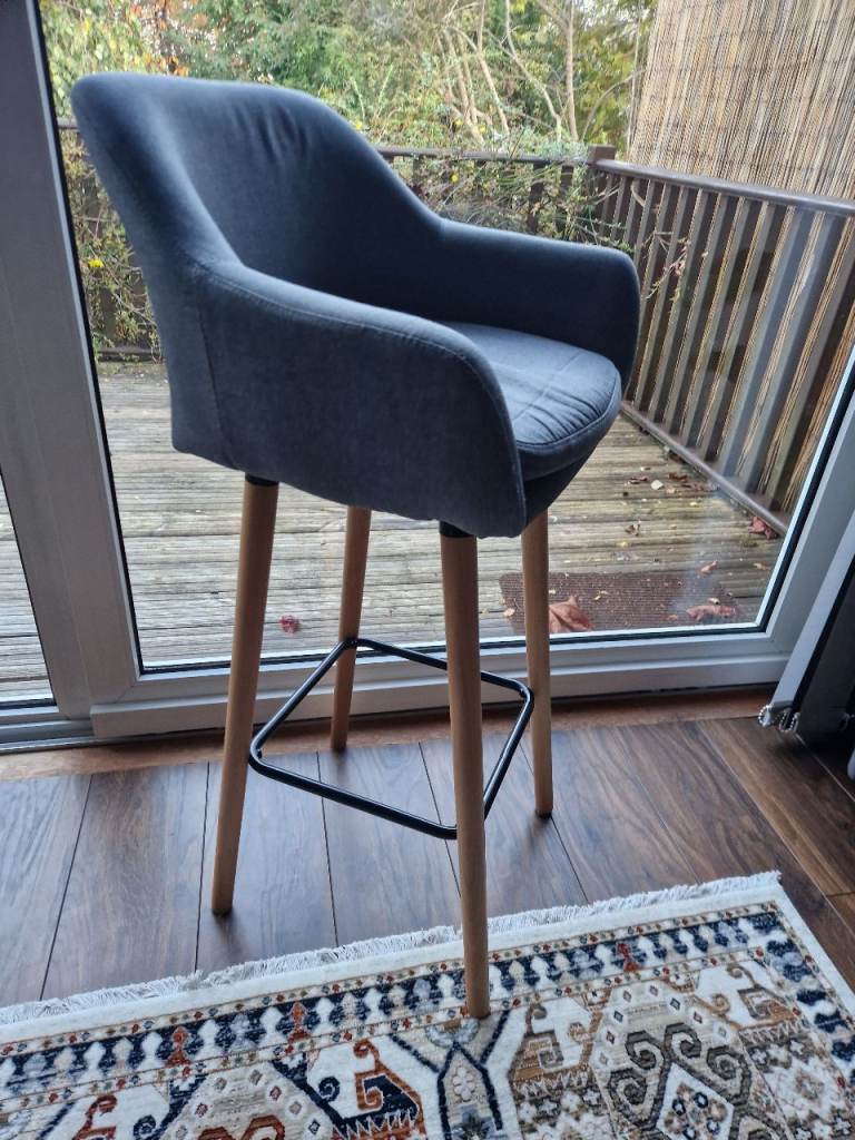 4 Grey Fabric Bar Stools with Wooden Legs – Good Condition