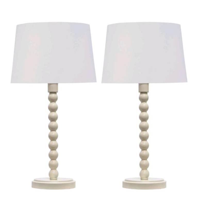 Set of 2 Bobbin Ivory Linen Table Lamp Base Bedside Light Vintage Ball Design