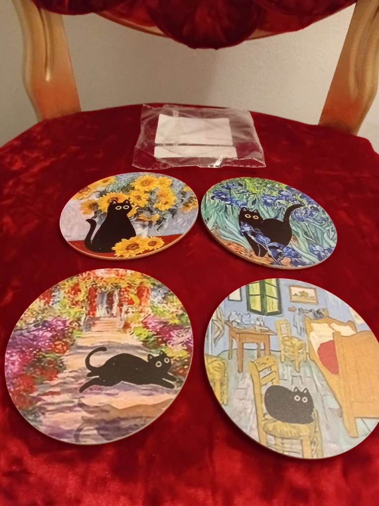GIFT,NEW X4 BLACK CAT DESIGN COASTERS