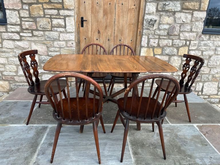 Vintage Ercol Dining Table 6 Windsor Quaker 2056 Dining Chairs 1960 Fleur De Lys