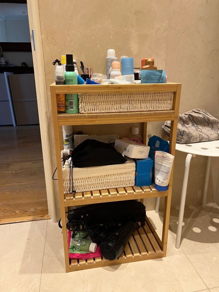 Wooden Bathroom Storage Unit with 3 Shelves – Good Condition