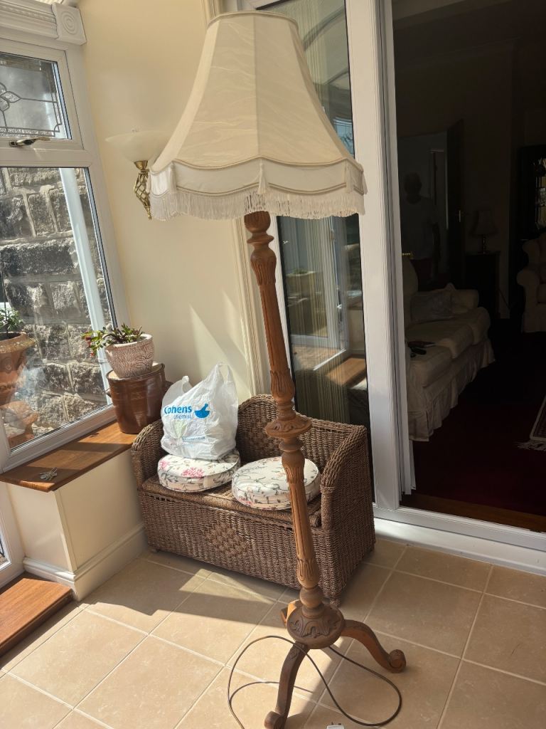 Tall Wooden Standard Lamp with Fabric Shade – Good Condition