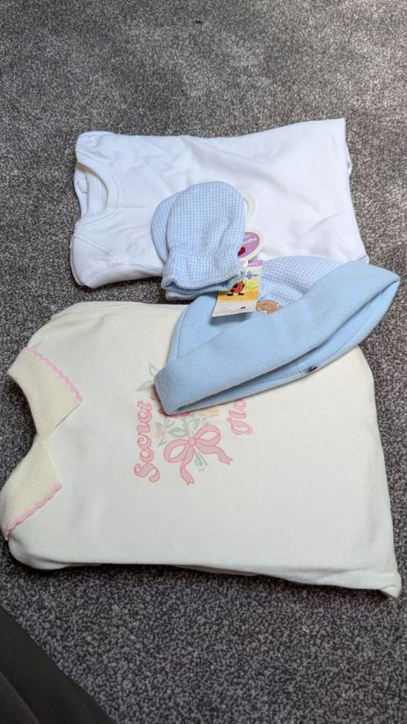 Baby boy hat and mittens, baby grow and vests