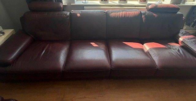 Brown Leather Sofa, Armchair, and Footstool Set – Good Condition