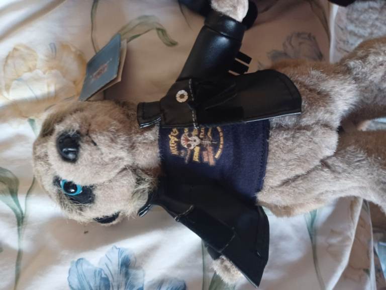 Pair of Meerkat Toy Plushies - Biker and Batman Outfits, With Tags for Sale