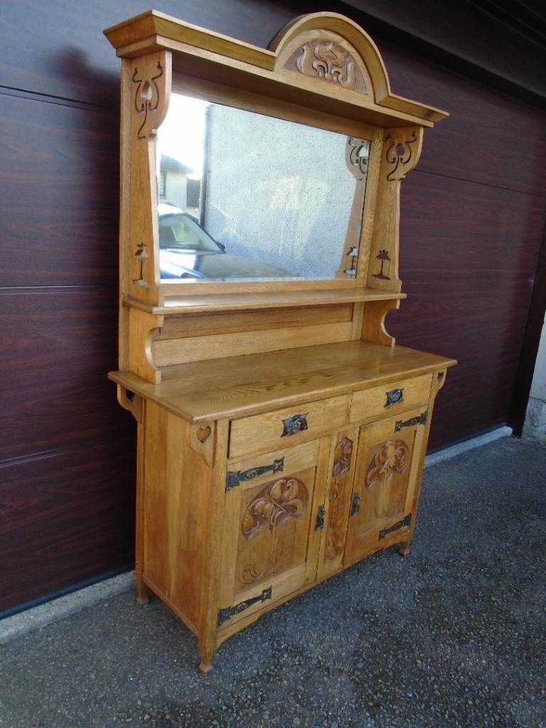 Stunning antique carved oak mirrored sideboard early 1900s arts and crafts art nouveau movements