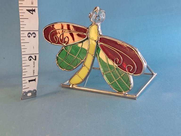 Dragonfly Stained Glass Tea Light Candle Holder Green Red colors. Home decoration. 