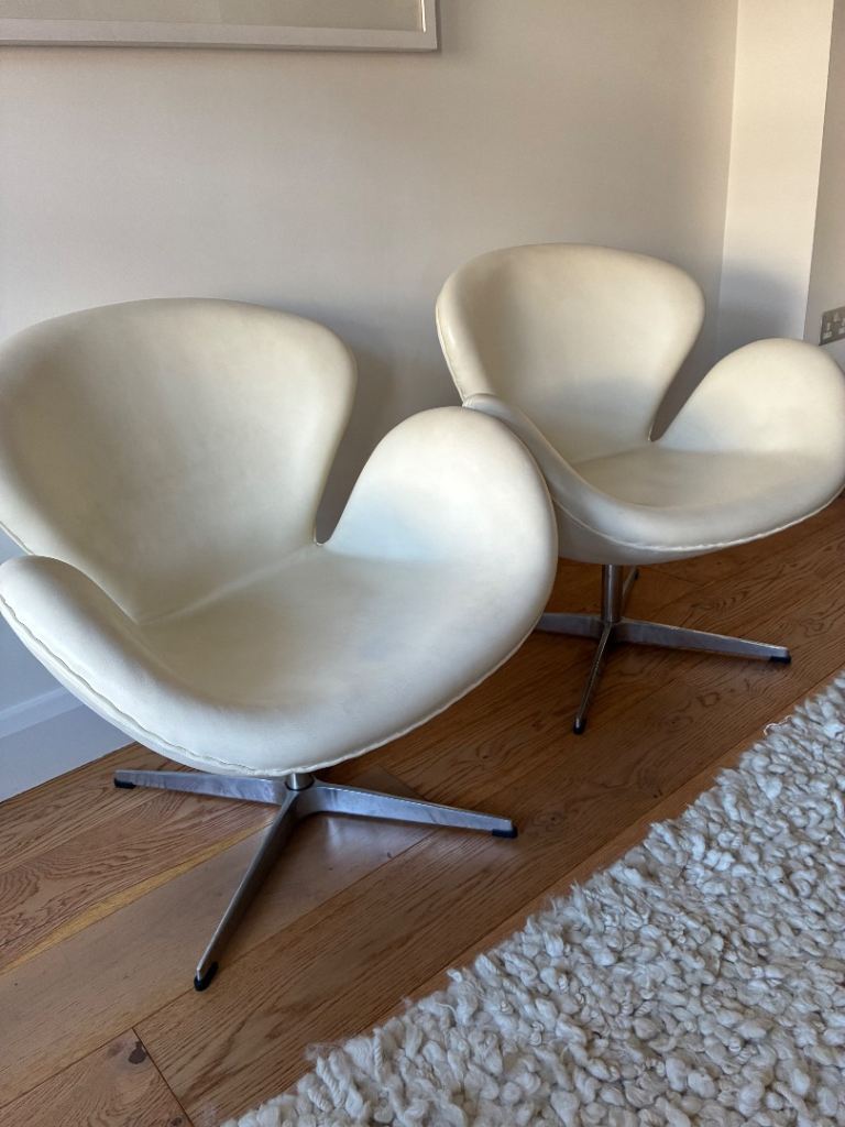 Pair of White Swan Style Armchairs - Swivel Base