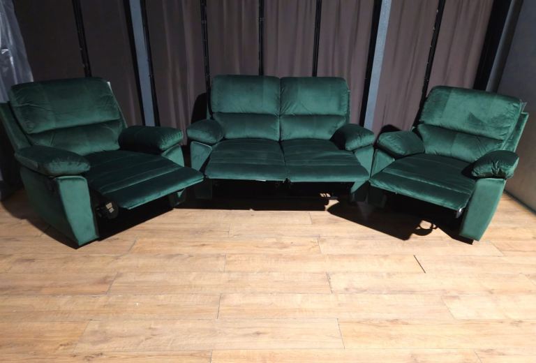 Velvet Recliner Sofa And Two Armchairs - Green.