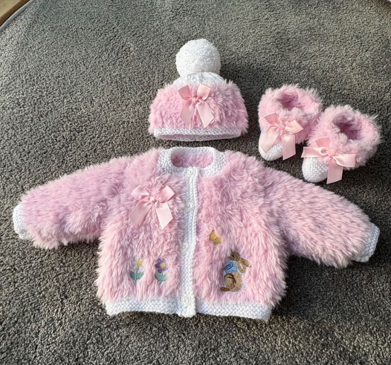 Hand knitted faux fur pink and white baby cardigan jacket hat and booties 0-3m