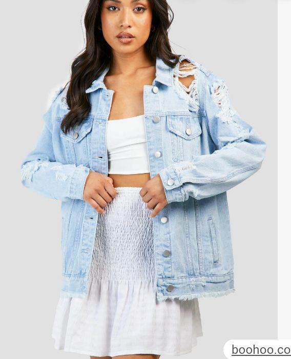 Boohoo Bleached Denim Distressed Jacket, size 12 