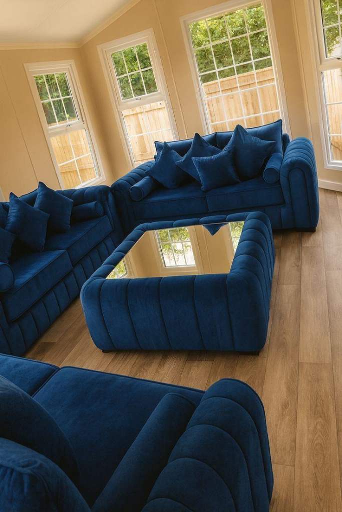 Brand New Navy blue 2+3 Lilly Velvet Sofa – Modern Design – Glass Coffee Table Optional