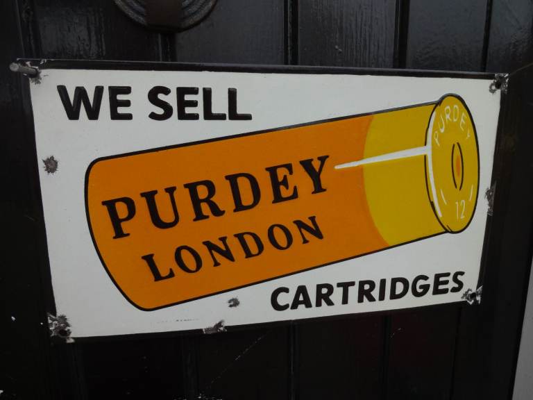 VINTAGE ENAMEL SIGN ~ JAMES PURDY & SONS LONDON ~ GUN & RIFLE MAKERS ~ 