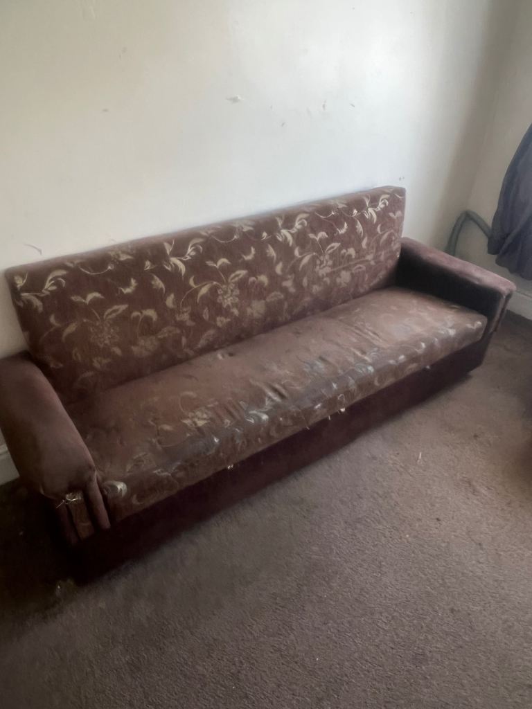 3 Free Brown Fabric Sofa – Fair Condition, Floral Pattern