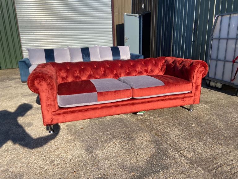 🛋️ Sofology Chesterfield Sofa – Newly Upholstered Velvet (Burnt Orange & Grey) + FREE DELIVERY 🚚