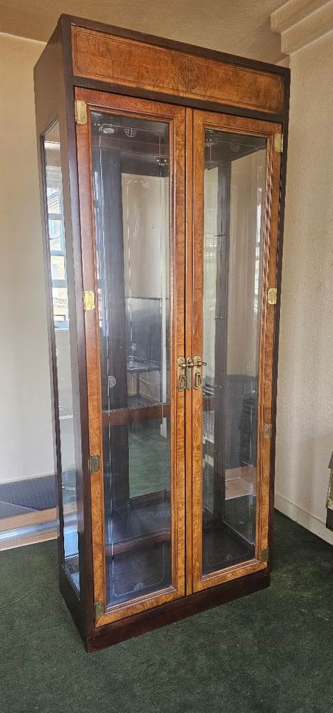 Large Wooden Oriental Style Mirrored Display Cabinet – 4 Glass Shelves, 80in Tall