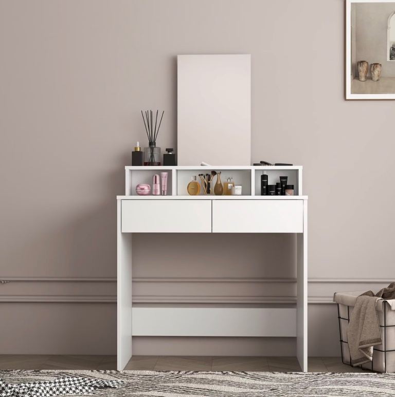 White Wooden Dressing Table with Mirror and Storage Drawers