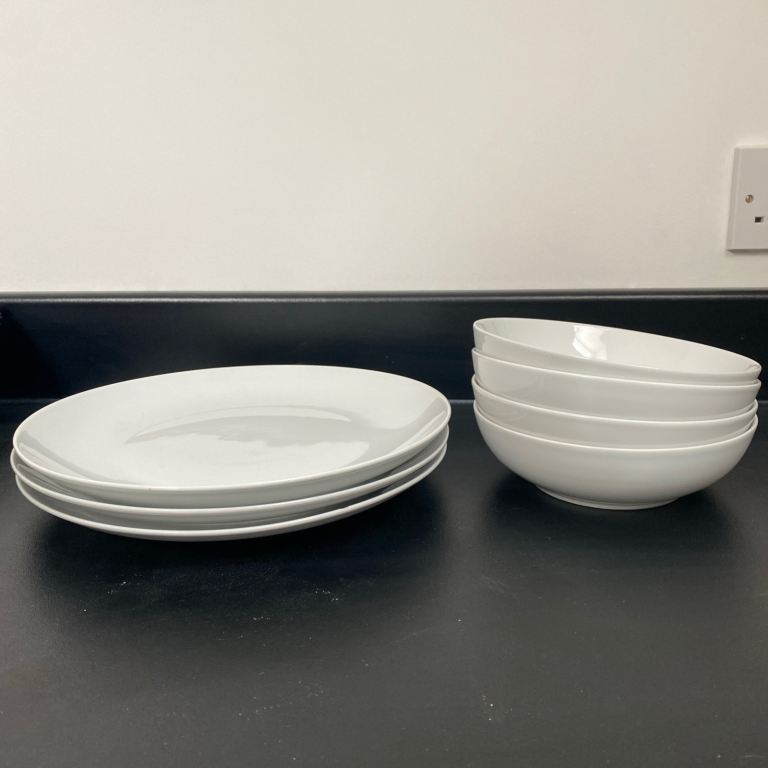 Set  of 3 big  Porcelain White plates + 4 bowls from Asda