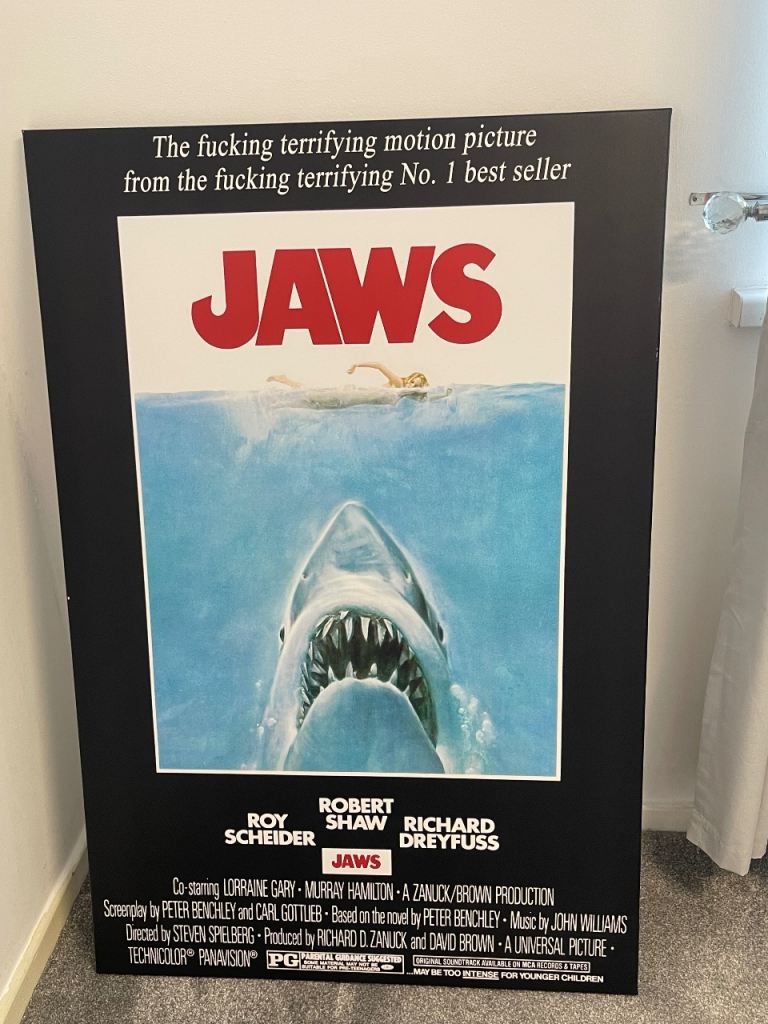 Large JAWS parody canvas print with explicit tagline. Excellent condition. Rare design.