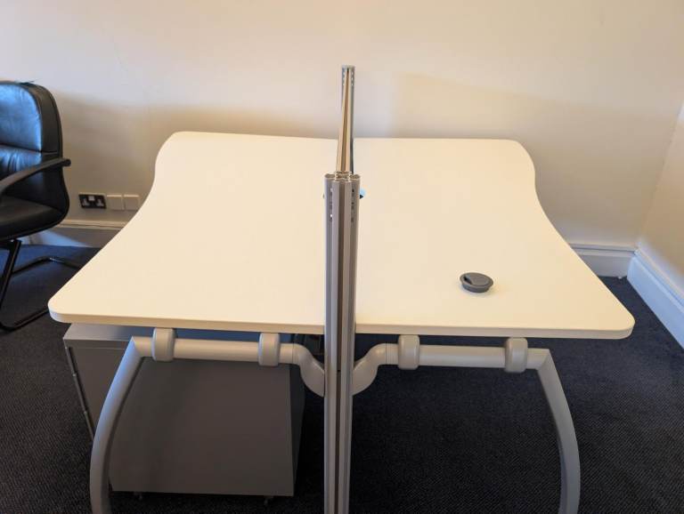 White Office Desk (bank of 2 desks) with Grey Metal Frame – Good Condition